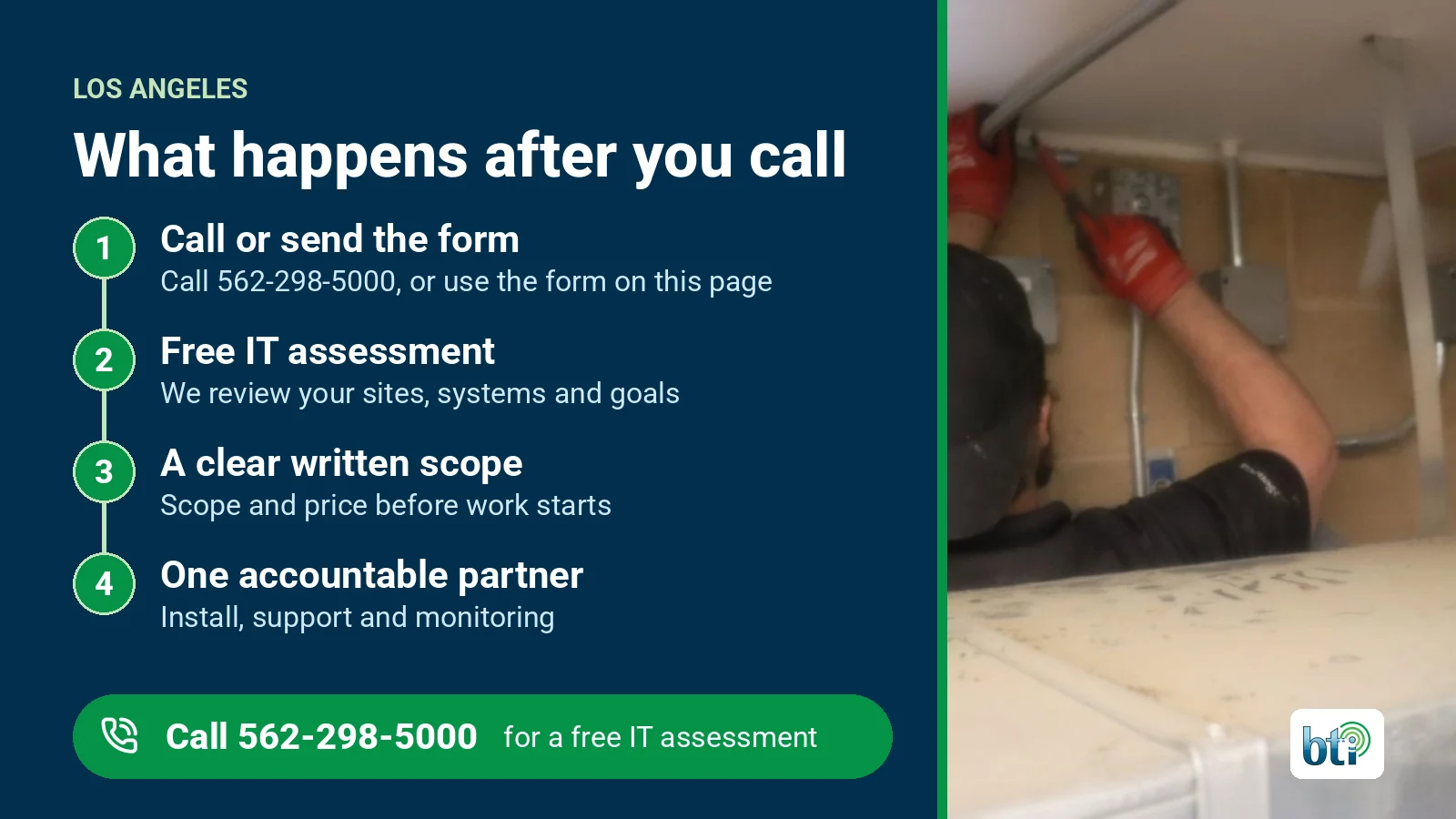 What happens after you call BTI in Los Angeles What happens after you call BTI in Los Angeles: call 562-298-5000 or send the form, a free it assessment, a clear written scope, then one accountable partner